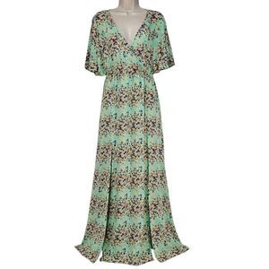 Umgee USA Mint Floral Maxi Dress Small Boho Kimono Sleeve Surplice V-Neck Size S